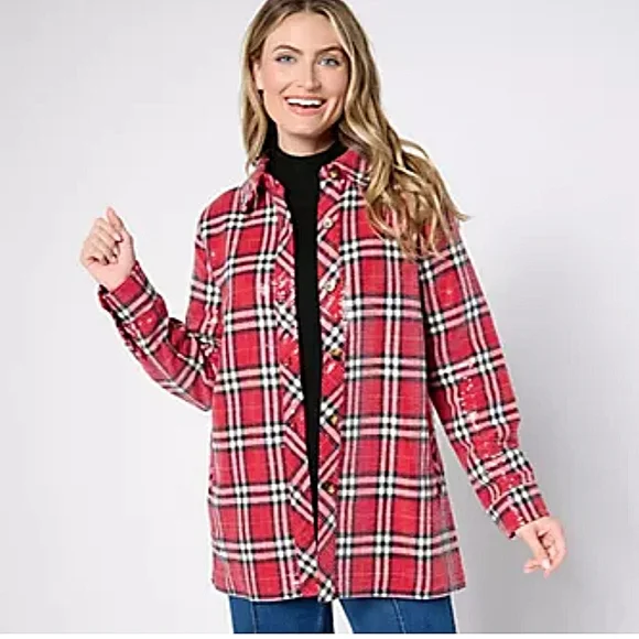 Jingle Belles by Kim Gravel Sequin Plaid Lumberjill Shacket - Picture 1 of 7